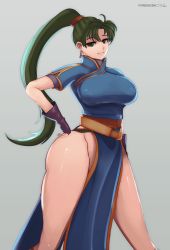 Rule 34 | absurdres, antenna hair, ass, black gloves, blue dress, breasts, dress, fingerless gloves, fire emblem, fire emblem: the blazing blade, gloves, green eyes, green hair, hand on own hip, highres, large breasts, long hair, looking at viewer, lyn (fire emblem), matching hair/eyes, nintendo, no panties, pelvic curtain, ponytail, shiny skin, short sleeves, simple background, standing, teeth, thick thighs, thighs, very long hair, white background, zelc-face