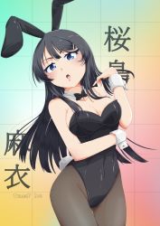 Rule 34 | 10s, 1girl, animal ears, black bow, black bowtie, black hair, black leotard, black pantyhose, blue eyes, bow, bowtie, breasts, character name, commentary request, detached collar, fake animal ears, gradient background, leotard, long hair, looking at viewer, open mouth, pantyhose, playboy bunny, rabbit ears, rabbit girl, rabbit tail, sakurajima mai, seishun buta yarou, solo, stalkingp, strapless, strapless leotard, tail, wrist cuffs