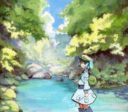 Rule 34 | backpack, bag, blue footwear, blue hair, blue shirt, blue skirt, boots, day, feet out of frame, from side, green headwear, hair bobbles, hair ornament, holding, kawashiro nitori, long sleeves, looking at viewer, nature, outdoors, river, rock, shiratama (hockey), shirt, short hair, skirt, smile, touhou, tree, two side up