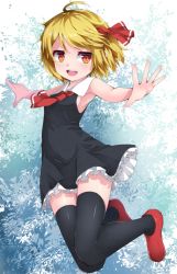 Rule 34 | 1girl, ahoge, armpits, ascot, black dress, black thighhighs, blonde hair, breasts, dress, frilled dress, frills, full body, jumping, looking at viewer, open mouth, outstretched arms, red ascot, red eyes, red footwear, rumia, shoes, short hair, sideboob, sleeveless, sleeveless dress, small breasts, smile, solo, thighhighs, touhou, uumaru