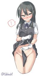 Rule 34 | ..., 10s, 1girl, bad id, bad twitter id, black eyes, black hair, black panties, black skirt, black vest, blue ribbon, blush, buttons, closed mouth, clothes lift, cowboy shot, cropped legs, ebifurya, eyebrows, gloves, groin, hair between eyes, hair ornament, hairclip, highres, holding, holding clothes, holding panties, holding underwear, inactive account, kantai collection, lifting own clothes, long hair, looking at viewer, navel, neck ribbon, no panties, oyashio (kancolle), panties, unworn panties, pleated skirt, ribbon, shirt, short sleeves, sidelocks, simple background, skirt, skirt lift, sleeveless, solo, speech bubble, spoken ellipsis, stomach, sweat, tsurime, twitter username, underwear, vest, white background, white gloves, white shirt, yellow eyes