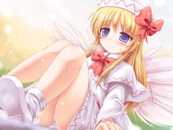 Rule 34 | 1girl, blonde hair, blue eyes, blush, bow, capelet, dress, fairy wings, female focus, hat, hat bow, highres, lily white, long hair, long sleeves, lzh, panties, pantyshot, sitting, solo, sweat, touhou, underwear, upskirt, white dress, white panties, wings