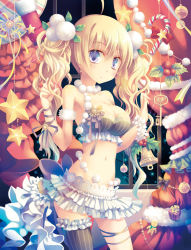 Rule 34 | 1girl, ahoge, bad id, bad pixiv id, bell, black thighhighs, blonde hair, blue eyes, blush, bra, breasts, candy, candy cane, christmas, earrings, food, gift, gingerbread man, hair ornament, holly, jewelry, key, lingerie, long hair, looking at viewer, medium breasts, mistletoe, navel, original, pleated skirt, single thighhigh, skirt, solo, star (symbol), striped clothes, striped thighhighs, thighhighs, twintails, underwear, vertical-striped clothes, vertical-striped thighhighs, yamadori yoshitomo