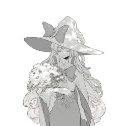 Rule 34 | 1girl, arm at side, bouquet, bow, bowtie, cloak, closed eyes, closed mouth, collared shirt, cowboy shot, crescent, crescent hat ornament, crescent pin, dappled sunlight, earrings, eyelashes, facing viewer, flower, greyscale, hat, hat bow, hat ornament, highres, jewelry, long hair, long sleeves, monochrome, original, pencil skirt, pointy ears, shirt, shirt tucked in, simple background, skirt, solo, star (symbol), star earrings, sunlight, very long hair, wide sleeves, witch, witch hat, www planet