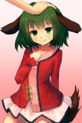 Rule 34 | 1girl, animal ears, dog ears, dog tail, frilled sleeves, frills, gradient background, green eyes, green hair, hand on another&#039;s head, head pat, headpat, highres, kasodani kyouko, long sleeves, looking at viewer, pink background, red shirt, shirt, shone, skirt, smile, solo focus, tail, touhou, white skirt