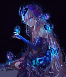 Rule 34 | 1girl, absurdres, bare shoulders, black dress, blonde hair, blue eyes, bridal gauntlets, bug, butterfly, character request, choker, copyright request, dated, dress, flower, frills, fringe trim, glowing, glowing butterfly, hair between eyes, hair flower, hair ornament, hair over one eye, highres, bug, krain0406, long hair, looking away, nail polish, profile, rose, signature, simple background, sitting, solo, very long hair