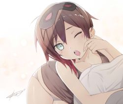 Rule 34 | 1girl, ;o, bad id, bad twitter id, bare shoulders, black hair, blush, breasts, cleavage, grey eyes, highres, looking at viewer, multicolored hair, one eye closed, open mouth, panties, pillow, ruby rose, rwby, short hair, signature, simple background, sleep mask, slslsl7266, solo, tank top, teeth, two-tone hair, underwear, white background