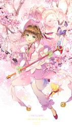 Rule 34 | 1990s (style), 2girls, :d, absurdres, artist name, bad id, bad pixiv id, bell, branch, brown hair, bug, butterfly, cardcaptor sakura, cero, character name, cherry blossoms, clow card, colored skin, copyright name, dress, drill hair, ekita kuro, facial mark, flower (clow card), forehead mark, full body, fuuin no tsue, gloves, green eyes, green gloves, half-closed eyes, hat, highres, holding, insect, kero (cardcaptor sakura), kinomoto sakura, long sleeves, multiple girls, nature, open mouth, pants, parted lips, pink hat, pink skin, puffy long sleeves, puffy sleeves, rabbit, retro artstyle, short hair, smile, star-shaped pupils, star (symbol), symbol-shaped pupils, teeth, twin drills, white pants