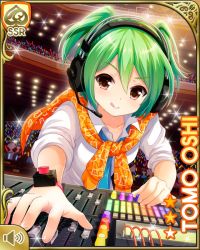 Rule 34 | 6+boys, 6+girls, black legwear, bow, brown eyes, card (medium), chaor, character name, concert, girlfriend (kari), glowstick, green hair, hair bow, headphones, indoors, looking at viewer, multiple boys, multiple girls, night, official art, oshi tomo, plaid, plaid skirt, qp:flapper, school uniform, sitting, skirt, smile, solo focus, sparkle, tied sweater, tongue, tongue out, v-shaped eyebrows