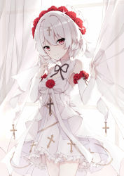 Rule 34 | 1girl, alternate costume, blush, breasts, bridal veil, bride, circlet, cross, curtain grab, curtains, day, detached sleeves, dress, flower, hair between eyes, hair ornament, hair over shoulder, headdress, highres, honkai (series), honkai impact 3rd, indoors, jewelry, long hair, looking at viewer, poinia, red eyes, red flower, red rose, ring, rose, sidelocks, silver hair, small breasts, smile, solo, sparkle, theresa apocalypse, theresa apocalypse (luna kindred), veil, wedding band, wedding dress, white dress