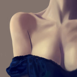 Rule 34 | 1girl, bare shoulders, blue dress, breasts, brown background, cleavage, close-up, collarbone, dress, fla, head out of frame, neck, off shoulder, original, realistic, simple background, small breasts, solo, undressing, upper body