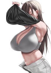 Rule 34 | 1girl, ahoge, armpits, bare shoulders, black shirt, bra, breasts, brown hair, cleavage, closed eyes, clothes lift, commentary request, grey bra, grey skirt, huge breasts, long hair, navel, original, shirt, shirt lift, skirt, solo, sweat, tomiokasena, underwear, white background
