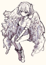 Rule 34 | 1girl, angel chromosome xx, angel wings, bad id, bad pixiv id, boots, collared shirt, full body, grey background, greyscale, ikeuchi tanuma, invisible chair, legs together, looking at viewer, monochrome, multiple wings, necktie, neon genesis evangelion, shirt, short hair, short sleeves, simple background, sitting, sketch, solo, tabris-xx, twintails, wing collar, wings