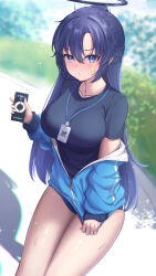 Rule 34 | 1girl, absurdres, black shirt, blue archive, blue buruma, blue eyes, blue hair, blue jacket, blurry, blurry background, blush, breasts, buruma, cello, cellphone, closed mouth, commentary request, day, depth of field, facial mark, feet out of frame, hair between eyes, halo, highres, holding, holding phone, instrument, jacket, lanyard, large breasts, long hair, long sleeves, looking at viewer, neko punch (user hddm3373), nose blush, off shoulder, open clothes, open jacket, outdoors, parted bangs, phone, puffy long sleeves, puffy sleeves, shadow, shirt, short sleeves, sleeves past wrists, smartphone, solo, star (symbol), thighs, track jacket, very long hair, yuuka (blue archive), yuuka (track) (blue archive)