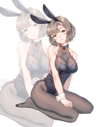 Rule 34 | 1girl, animal ears, bare shoulders, blush, breasts, brown hair, rabbit ears, rabbit tail, cleavage, collarbone, fake animal ears, fangxiang cuoluan, fishnet pantyhose, fishnets, green eyes, hair ornament, hairclip, highres, large breasts, leotard, looking at viewer, no shoes, original, pantyhose, playboy bunny, short hair, simple background, sitting, solo, tail, white background, wrist cuffs, zoom layer