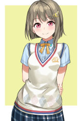 Rule 34 | arms behind back, asato (fadeless), asymmetrical bangs, beige vest, blue shirt, blue skirt, blush, bow, bowtie, breasts, commentary request, hair ornament, hairclip, light brown hair, looking at viewer, love live!, love live! nijigasaki high school idol club, medium breasts, moon (ornament), nakasu kasumi, orange bow, orange bowtie, pink eyes, shirt, short hair, short sleeves, simple background, skirt, smile, solo