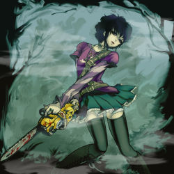 Rule 34 | 1girl, belt, black hair, black lagoon, black thighhighs, blood, bloody weapon, boots, chainsaw, choker, cross-laced footwear, electrolarynx, frederica sawyer, jewelry, knee boots, lace-up boots, layered sleeves, long sleeves, looking at viewer, necklace, parted lips, pleated skirt, scar, shirt, short hair, short over long sleeves, short sleeves, skirt, solo, t-shirt, thighhighs, tree, weapon, youken, zettai ryouiki