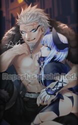 Rule 34 | 1boy, 1girl, abs, aslaug (fate), ass, beard, black pants, blue eyes, braid, braided beard, bright pupils, coat, coat on shoulders, couple, earrings, facial hair, fate:lost einherjar, fate (series), fingernails, hair slicked back, hand on another&#039;s chest, hetero, highres, husband and wife, jewelry, lapis429, looking at viewer, messy hair, muscular, open mouth, pants, pectorals, purple nails, ragnar lodbrok (fate), scar, scar on chest, scar on face, signature, sitting, smile, topless male, watermark, white hair