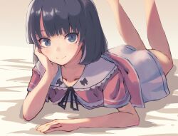 Rule 34 | 1girl, bed, bed sheet, black eyes, black hair, black ribbon, blunt bangs, closed mouth, feet up, frills, hand on own face, highres, hime cut, himenogi rinze, looking at viewer, love r, love r kiss, lying, on bed, on stomach, pink shirt, ribbon, sailor collar, saisho no nakama, shirt, simple background, skirt, smile, solo, the pose, white background