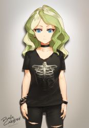 Rule 34 | 1girl, arms at sides, black choker, black nails, black pants, black shirt, bracelet, casual, character name, choker, closed mouth, cowboy shot, diana cavendish, earrings, expressionless, eyelashes, green hair, grey background, highres, jewelry, legs apart, little witch academia, long hair, multicolored hair, nail polish, pants, parted bangs, print shirt, ribs, sendo (sendrawz), shirt, short sleeves, simple background, solo, standing, studded bracelet, torn clothes, torn pants, twitter username, two-tone hair, wavy hair, wristband