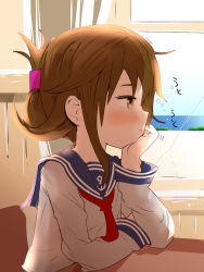 Rule 34 | 1girl, anchor symbol, arm support, blush, brown eyes, brown hair, chair, classroom, cracked window, desk, folded ponytail, from side, hair behind ear, hair ornament, hairclip, head rest, highres, igarashi mangou, inazuma (kancolle), indoors, kantai collection, long hair, long sleeves, looking away, looking outside, neckerchief, necktie, open mouth, profile, red neckwear, sailor collar, school desk, school uniform, serafuku, sitting, solo, window