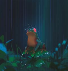 Rule 34 | animal focus, blurry, blurry background, closed mouth, commentary, english commentary, frog, glowing, glowing eyes, highres, horizontal pupils, leaf, nature, original, rain, snatti, solo, water, water drop, wet