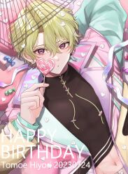 Rule 34 | 1boy, candy, character name, commentary, dated, drawstring, ensemble stars!, fingernails, food, green hair, hair between eyes, hand up, happy birthday, heart, highres, holding, holding candy, holding food, holding lollipop, jacket, lapels, lollipop, long sleeves, looking at viewer, male focus, memotyoou, midriff, navel, notched lapels, open clothes, open jacket, parted lips, purple eyes, short hair, solo, tomoe hiyori, upper body