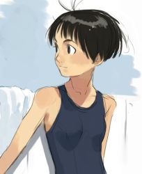 Rule 34 | artist request, bare shoulders, black eyes, black hair, lowres, non-web source, one-piece swimsuit, school swimsuit, short hair, sketch, solo, swimsuit, takamichi