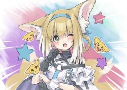 Rule 34 | 1girl, animal ear fluff, animal ears, arknights, bare shoulders, black collar, black gloves, blonde hair, blue hairband, blush, braid, braided hair rings, collar, colored tips, commentary request, dress, fox ears, fox girl, frilled sleeves, frills, gloves, green eyes, hair rings, hairband, highres, material growth, multicolored hair, one eye closed, open mouth, oripathy lesion (arknights), partial commentary, semi colon, short hair, short sleeves, single glove, single wrist cuff, smiley face, solo, star (symbol), suzuran (arknights), twin braids, upper body, white hair, wrist cuffs