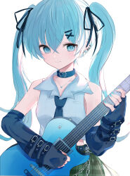 Rule 34 | 1girl, absurdres, black collar, black gloves, black necktie, black ribbon, blue eyes, blue hair, blue nails, closed mouth, collar, collarbone, collared shirt, commentary, ear piercing, earrings, elbow gloves, electric guitar, fingerless gloves, gloves, green skirt, guitar, hair between eyes, hair ornament, hair ribbon, hairclip, hatsune miku, heart, heart earrings, highres, holding, holding instrument, instrument, jewelry, looking at viewer, nail polish, necktie, piercing, plaid, plaid skirt, pleated skirt, poono, ribbon, shirt, simple background, skirt, sleeveless, sleeveless shirt, smile, solo, twintails, vocaloid, white background, white shirt, x hair ornament