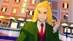 Rule 34 | 1boy, black vest, blonde hair, building, buttons, chair, closed mouth, collared shirt, commentary request, creatures (company), day, frown, game freak, green jacket, hand up, hassel (pokemon), highres, holding, holding poke ball, jacket, lamppost, long sleeves, male focus, necktie, nintendo, orange eyes, outdoors, parted bangs, poke ball, poke ball (basic), pokemon, pokemon sv, red necktie, shirt, solo, u2t5k2s5, umbrella, upper body, vest, white shirt
