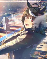 Rule 34 | 1girl, ahoge, animal ears, black coat, black gloves, blush, breath, cloud, coat, cold, dated, gloves, hair ornament, horizon, horse ears, horse girl, horse tail, kitasan black (umamusume), lens flare, long sleeves, looking at viewer, looking to the side, multicolored hair, open mouth, outdoors, outstretched arms, railing, red eyes, road, road sign, sign, smile, solo, standing, streaked hair, sunrise, tail, takuzui, tree, twitter username, umamusume, upper body