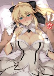 Rule 34 | 1boy, 1girl, ahoge, arm at side, arm support, artoria pendragon (all), artoria pendragon (fate), artoria pendragon (lancer) (fate), bare shoulders, bed sheet, beige dress, black bow, blonde hair, blush, bow, boy on top, breasts, clenched hand, colored eyelashes, command spell, cosplay, cowboy shot, dark-skinned male, dark skin, detached collar, detached sleeves, dress, embarrassed, fate/grand order, fate (series), flat color, from above, gloves, green eyes, hair between eyes, hair bow, halcon, hand up, head tilt, hetero, high ponytail, highres, holding another&#039;s wrist, imminent penetration, indoors, large breasts, looking at viewer, lying, medium hair, multicolored clothes, multicolored dress, nose blush, on back, on bed, out of frame, parted bangs, parted lips, pillow, ponytail, pov, pov hands, puffy detached sleeves, puffy sleeves, raised eyebrows, saber lily, saber lily (cosplay), sidelocks, solo focus, strapless, strapless dress, sweat, turtleneck, white dress, white gloves