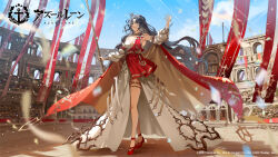 Rule 34 | 1girl, architecture, azur lane, bare shoulders, black hair, blue eyes, breasts, cleavage, crown, detached sleeves, dress, full body, greco-roman architecture, hair ornament, heterochromia, highres, holding, holding staff, kuga huna, large breasts, long hair, mini crown, official art, open mouth, outdoors, red footwear, robe, roma (azur lane), staff, standing, thigh strap, yellow eyes