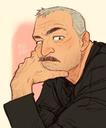 Rule 34 | 1boy, aaron gruber (o natsuo88), bara, beard stubble, facial hair, facial scar, grey hair, hand hair, hand on own face, highres, looking at viewer, male focus, mature male, mustache, o natsuo88, old, old man, original, receding hairline, scar, scar on cheek, scar on face, shirt, short hair, solo, stubble, thick eyebrows, thick mustache, upper body, wrinkled skin