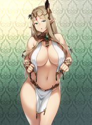 Rule 34 | 1girl, bare shoulders, blonde hair, blush, bracelet, breast curtains, breasts, brooch, circlet, cleavage, cowboy shot, elf, gem, gradient background, green background, green eyes, hair between eyes, hair ornament, highres, houtengeki, houtengeki&#039;s elf girl, jewelry, large breasts, long hair, looking at viewer, navel, open mouth, original, pelvic curtain, pointy ears, revealing clothes, solo, thighs