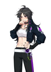 Rule 34 | 1girl, ahoge, bandeau, belt, black eyes, black hair, black nails, black pants, blue jacket, blush, breasts, character request, choker, cleavage, copyright request, covering own mouth, cowboy shot, cropped jacket, flying sweatdrops, hair tubes, hand up, high collar, highres, huge 0330, jacket, long hair, long sleeves, looking away, midriff, nail polish, navel, open clothes, open jacket, open mouth, pants, simple background, small breasts, solo, standing, sweatdrop, white background