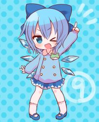 Rule 34 | &gt; o, 1girl, ;d, bad id, bad pixiv id, blue eyes, blue hair, bow, cirno, hair bow, hair ribbon, ice, ice wings, kindergarten uniform, looking at viewer, mary janes, mashiro miru, matching hair/eyes, one eye closed, open mouth, pigeon-toed, ribbon, shoes, short hair, smile, solo, touhou, wings
