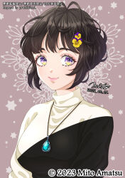 Rule 34 | 1girl, 2023, antenna hair, artist name, black hair, breasts, commentary request, copyright notice, dated, eyebrows hidden by hair, eyelashes, flower, hair flower, hair ornament, highres, jewelry, large breasts, mito amatsu, multicolored eyes, necklace, original, pendant, pink lips, purple eyes, smile, solo, star (symbol), starry background, turtleneck, twitter username, two-tone shirt, upper body, yellow eyes