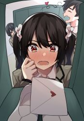 Rule 34 | 1boy, 2girls, black hair, blush, brown hair, brown jacket, commentary request, glasses, hair ornament, hairclip, heart, highres, indoors, itame moyashi, jacket, letter, looking at viewer, love letter, medium hair, multiple girls, original, peeking, red eyes, school uniform, scrunchie, shirt, shoes, unworn shoes, short hair, solo focus, sweatdrop, twintails, white scrunchie, white shirt, yawning