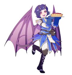 Rule 34 | 1girl, arm strap, arueshalae, black footwear, blue dress, blue hair, blue mittens, boots, demon girl, demon horns, demon tail, demon wings, dress, food, full body, holding, holding plate, horns, leg up, long sleeves, looking at viewer, maiucal, mittens, open mouth, pants, pathfinder, pie, plate, red eyes, short hair, simple background, smile, solo, standing, tail, white background, white pants, wings