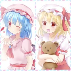 Rule 34 | 2girls, :d, :o, arm at side, arm up, ascot, bad id, bad pixiv id, bat wings, blonde hair, blowing kiss, blue hair, blush, brooch, fang, flandre scarlet, hair between eyes, hat, hat ribbon, heart, holding, holding stuffed toy, jewelry, mob cap, multiple girls, nail polish, one eye closed, open hand, open mouth, pink headwear, pink shirt, pink skirt, puffy short sleeves, puffy sleeves, red ascot, red eyes, red nails, red skirt, red vest, remilia scarlet, ribbon, shirt, short hair, short sleeves, siblings, side ponytail, sisters, skirt, skirt set, smile, split screen, standing, striped border, stuffed animal, stuffed toy, teddy bear, touhou, upper body, vest, white background, white headwear, white shirt, wings, yukina kurosaki