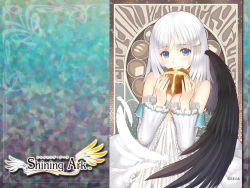 Rule 34 | 1girl, blue eyes, bread, detached sleeves, feathers, food, food on face, hair ornament, hairclip, long hair, official art, official wallpaper, panis angelicus, sega, shining (series), shining ark, single wing, tony taka, wallpaper, white hair, wings