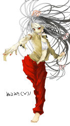 Rule 34 | 1girl, bad id, bad pixiv id, bandages, barefoot, female focus, foreshortening, fujiwara no mokou, hair ribbon, holding, long hair, long sleeves, midriff, mouth hold, nail polish, navel, ofuda, open clothes, open shirt, outstretched arms, outstretched hand, pants, red eyes, red nails, ribbon, sarashi, shirt, silver hair, sira tamako, solo, torn clothes, touhou, translation request, wind