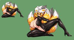 Rule 34 | 1girl, animal hat, biker clothes, bikesuit, blonde hair, bodysuit, breasts, bursting breasts, come hither, commentary request, fox tail, full body, gigantic breasts, hat, high heels, huge breasts, latex, latex bodysuit, licking lips, looking at viewer, mob cap, namako daibakuhatsu, naughty face, navel, nipples, no bra, ofuda, on one knee, pixel art, shiny clothes, tail, tongue, tongue out, touhou, white hat, yakumo ran, yellow eyes
