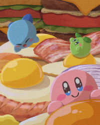 Rule 34 | bacon, blue eyes, blue footwear, blush stickers, burger, cheese, closed mouth, food, food focus, fried egg, green footwear, highres, kirby, kirby&#039;s dream buffet, kirby (series), lettuce, looking at viewer, miclot, nintendo, no humans, onion, open mouth, pink footwear, sausage, shoes, smile, tomato