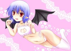 Rule 34 | 1girl, :d, alternate costume, bad id, bad pixiv id, bat wings, bell, blue hair, cat cutout, cat ear panties, cat lingerie, choker, cleavage cutout, clothing cutout, eyebrows, flying, frills, jingle bell, kitora (kisekinonameko), looking at viewer, meme attire, navel, neck bell, no shoes, open mouth, panties, paw pose, paw print, pink background, pointy ears, red eyes, remilia scarlet, short hair, side-tie panties, smile, solo, stomach, thighhighs, touhou, underwear, underwear only, white panties, white thighhighs, wings