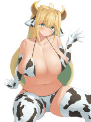 Rule 34 | 1girl, ahoge, animal ears, animal print, arm support, bad id, bad pixiv id, bikini, blonde hair, blush, breasts, cleavage, closed mouth, collarbone, colored inner hair, cow ears, cow horns, cow print, curvy, elven forest maker, furrowed brow, green eyes, green hair, highres, horns, huge breasts, last origin, long hair, micro bikini, multicolored hair, narodenden, navel, simple background, sitting, skindentation, smile, solo, swimsuit, symbol-shaped pupils, thighhighs, thighs, two-tone hair, very long hair, waving, white background