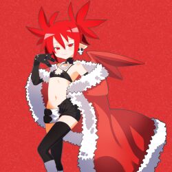 Rule 34 | 1girl, black gloves, black thighhighs, breasts, choker, commentary request, demon girl, disgaea, earrings, elbow gloves, etna (disgaea), gloves, hand on own hip, highres, jewelry, latex, latex gloves, looking at viewer, makai senki disgaea, navel, pointy ears, red background, red eyes, red hair, red theme, shinbashi seiji, skirt, skull earrings, small breasts, smile, solo, thighhighs, twintails