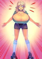 Rule 34 | 1girl, bakki, bike shorts, blonde hair, blue eyes, breast expansion, breasts, cleavage, copyright request, gradient background, highres, huge breasts, kneehighs, long hair, roller skates, shorts, skates, socks, solo, striped, striped background, surprised, taut clothes, trembling